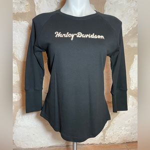 Harley Davidson Top with 3/4 Length Sleeves and Raised Lettering.